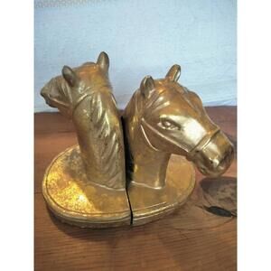 Vintage Pair Of MCM Heavy Metal Ornate Horse Head Bookends Gold Colored